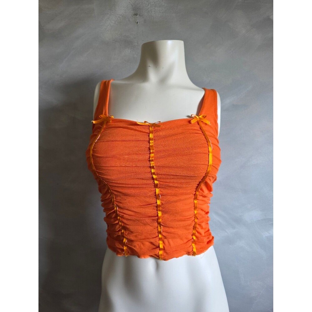 Orange Y2K Style Ruched Cami Tank Top Mesh Corset 90s Vtg Bow Accents Fairy